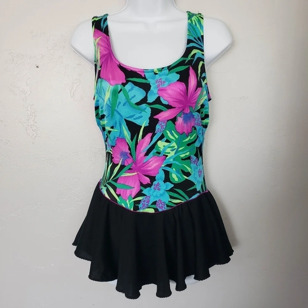Union Made Vintage Women's One Piece Swimsuit Tropical Floral Skirt Colorful 6 - Picture 1 of 14